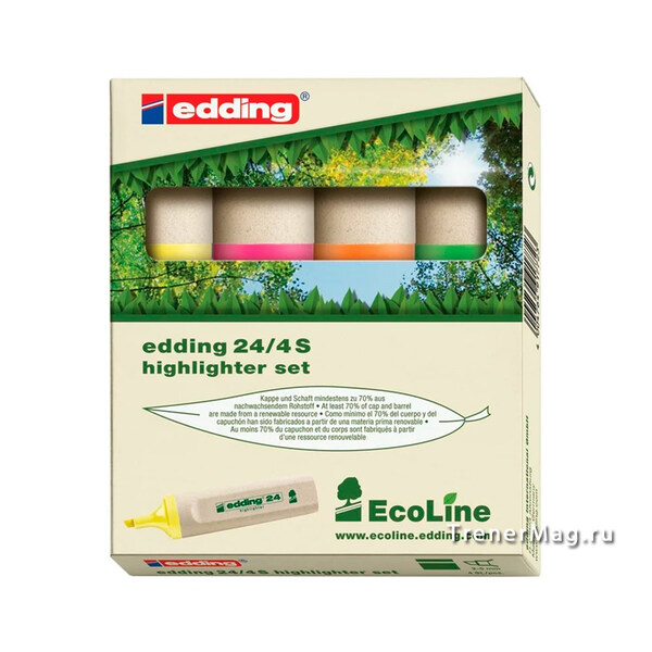 Текстовыделитель Edding E-24 EcoLine 4цв. (клин, 2-5 мм) в магазине ТренерШоп Текстовыделитель Edding E-24 EcoLine 4цв. (клин, 2-5 мм) для